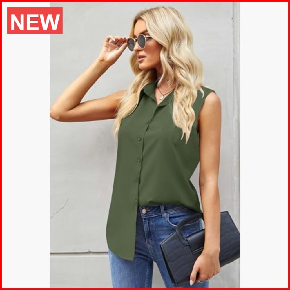Polyester Blend Sleeveless Button Down Shirt V-Ne… - image 2